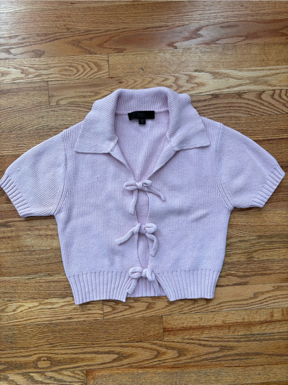 Zara Pale Pink Short-Sleeve Tie-Front Collared Knit Top